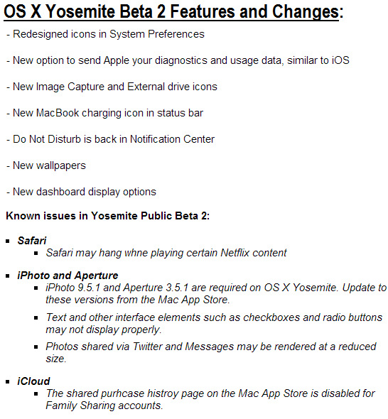 OS X 10.10 Yosemite Public Beta 2 (14A329r) Features Changelog
