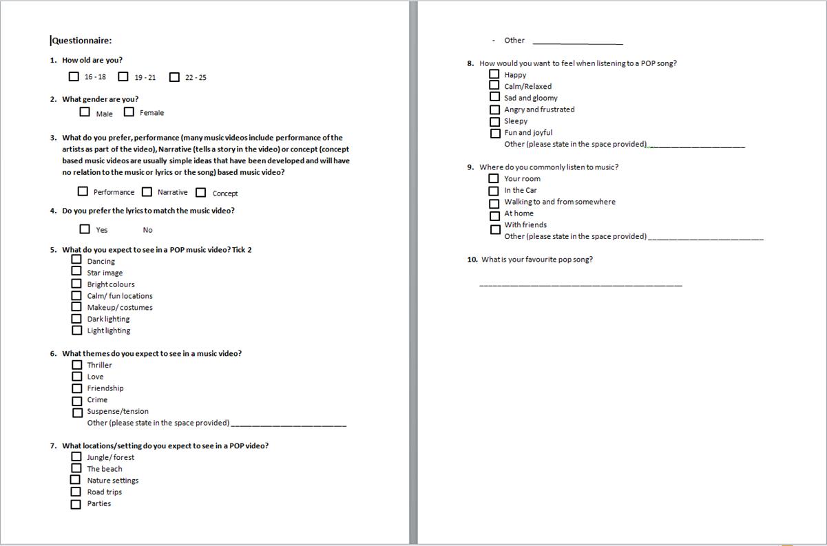 A2 Music Video Questionnaire