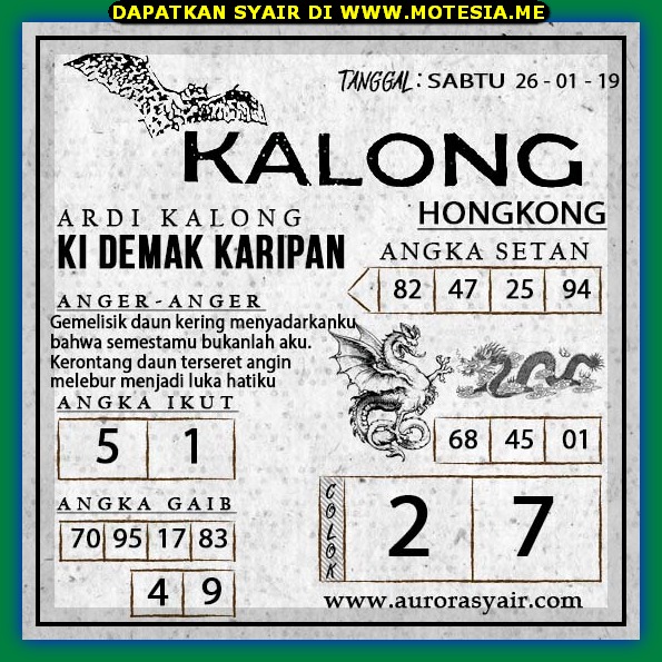 Syair HK Sabtu 26 Januari 2019 GOsyair SEDIA KODE SYAIR