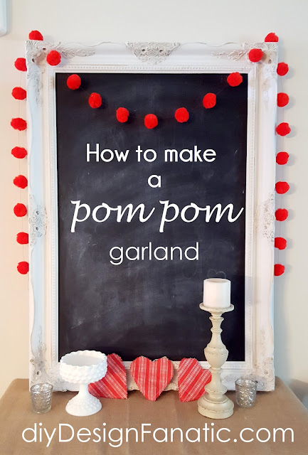 pom pom garland, make a pom pom garland, farmhouse, cottage, farmhouse style, foyer, cottage style, chalkboard, Valentines day