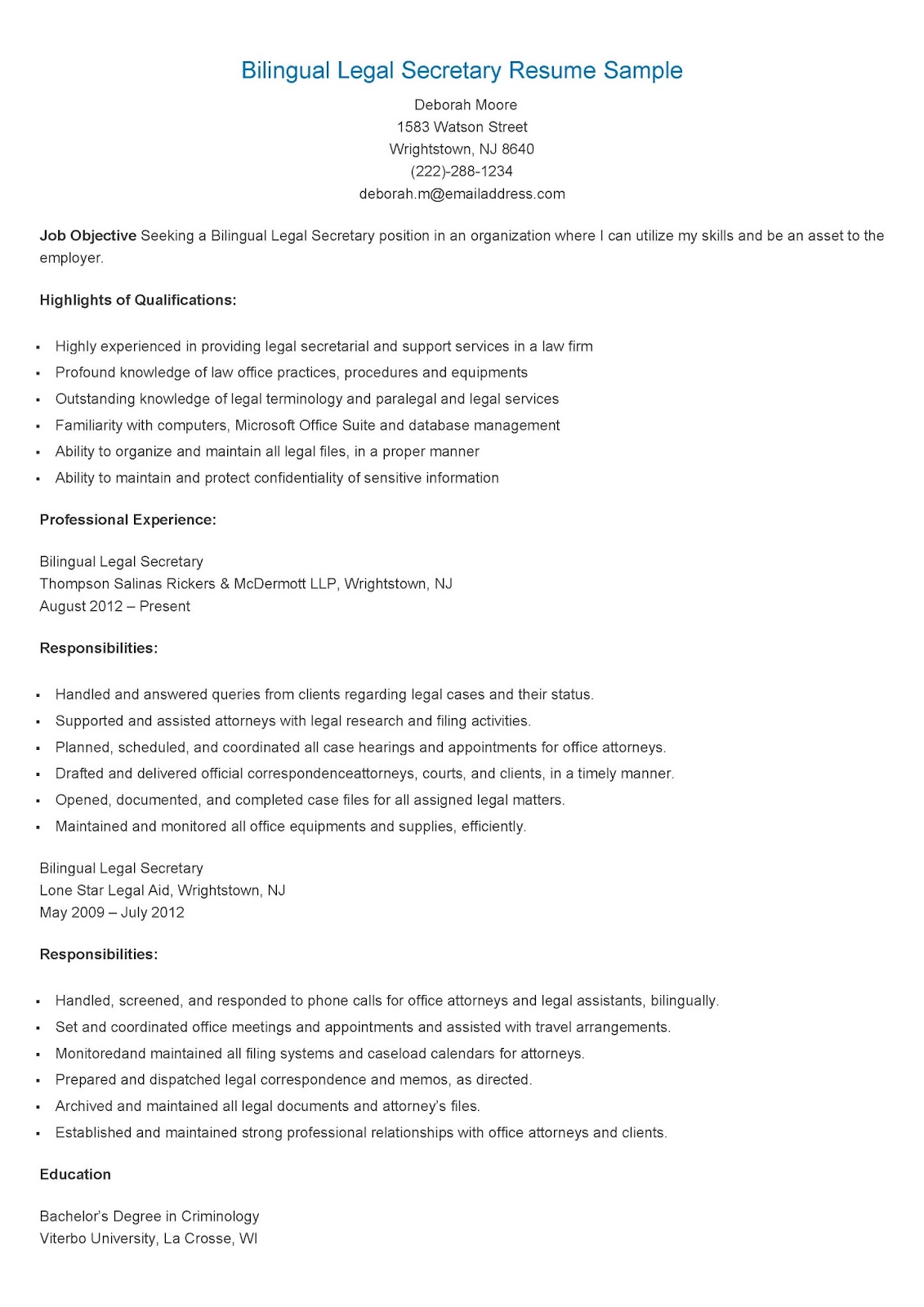 Resume Samples Bilingual Legal - Bilingual%2BLegal%2BSecretary%2BResume%2BSample