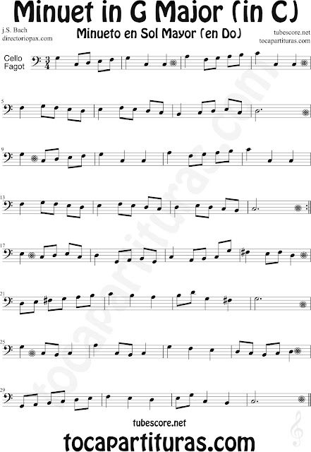 Partitura del Minueto en Do Mayor (para duo de piano) de Bach para Violonchelo y Fagot Minuet in C Major Sheet Music for Cello and Bassoon by Bach Music Scores