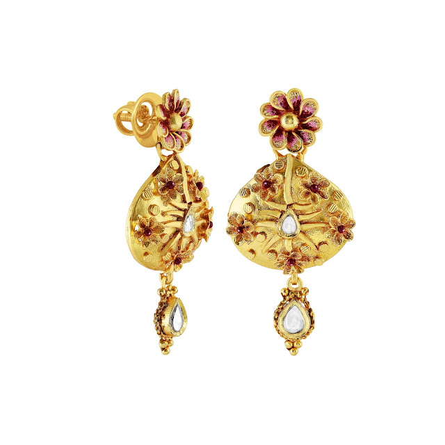 Floral inspired earrings curated in sterling silver in a gold plated tone with enamelling and kundan work by izaara- Floral inspired earrings curated in sterling silver in a gold plated tone with enamelling and kundan work by izaara-