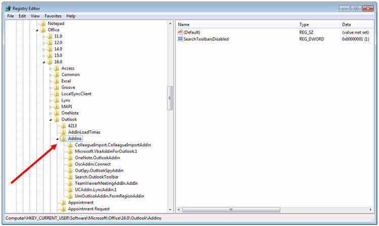 List of Outlook Add-Ins, from the Windows Registry List of Outlook Add-Ins, from the Windows Registry
