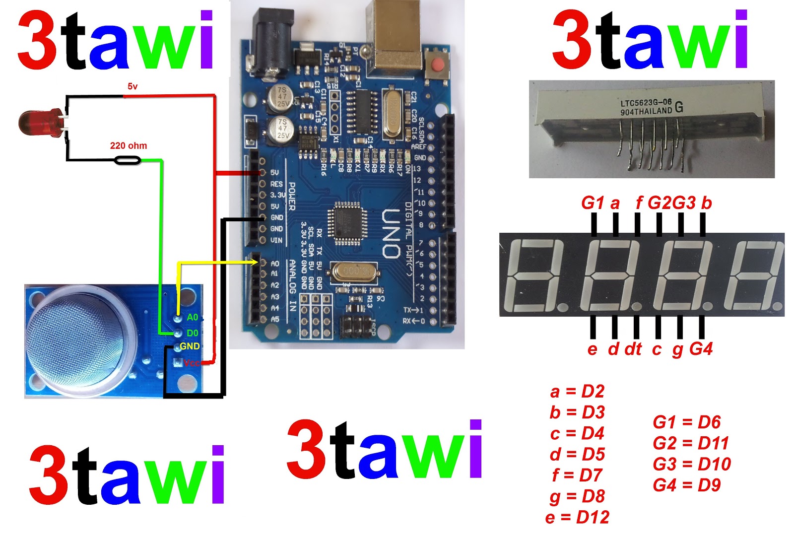 Great Projects: arduino uno gas sensor 4 Digit 7 segment project