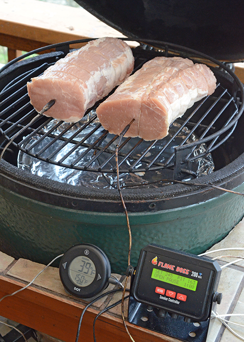 Smoking Canadian Bacon on a Big Green Egg BGE using the Flame Boss 200 and a Thermoworks DOT 