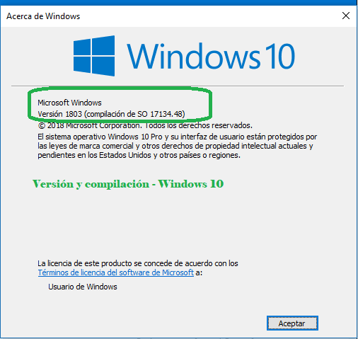 winver versión windows 10 1803 instalado