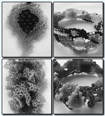 black & white photo collage of four bead woven pieces by Karen Williams