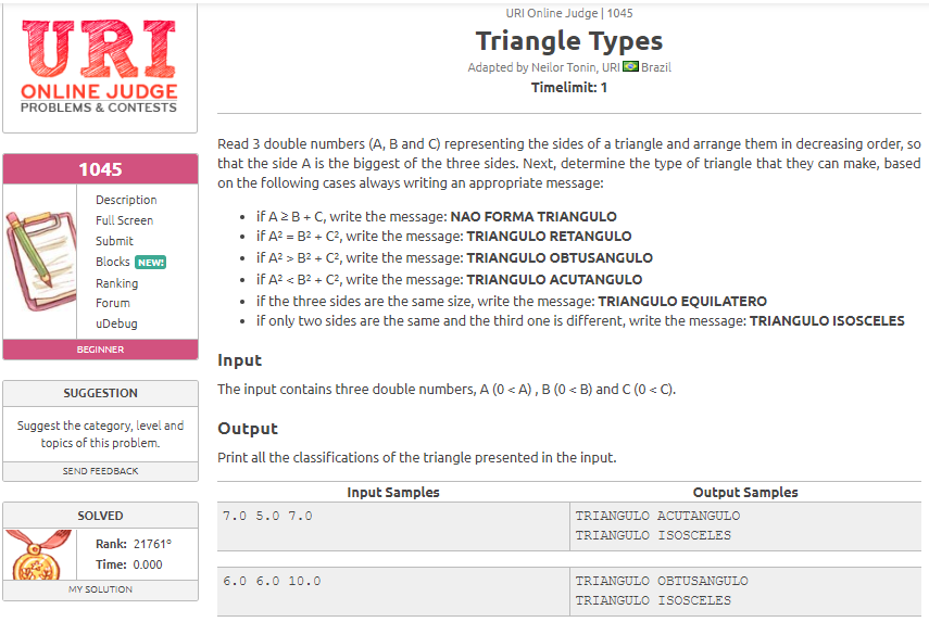 URI 1045 Triangle Types Solution in C++ Programming Life
