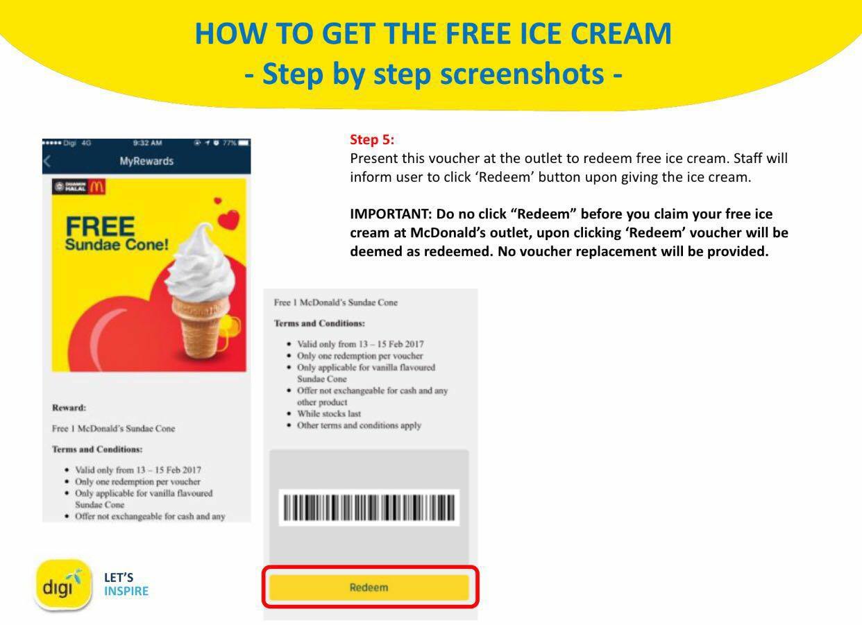 MyDigi App Rewards Offer FREE McDonald's Vanilla Sundae Cone Ice Cream 13 15 February 2017