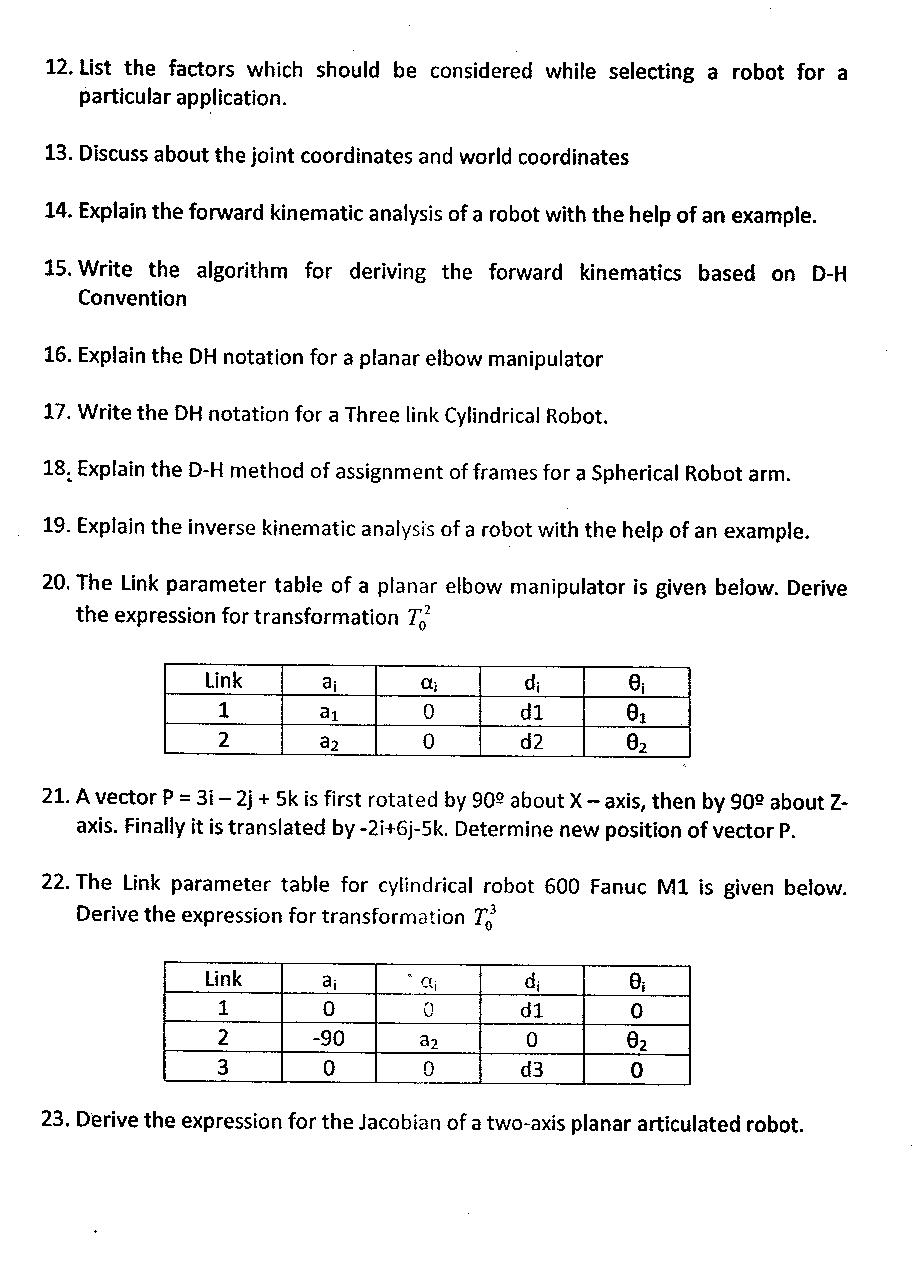 MECHANICAL robotics imp questions for first mid