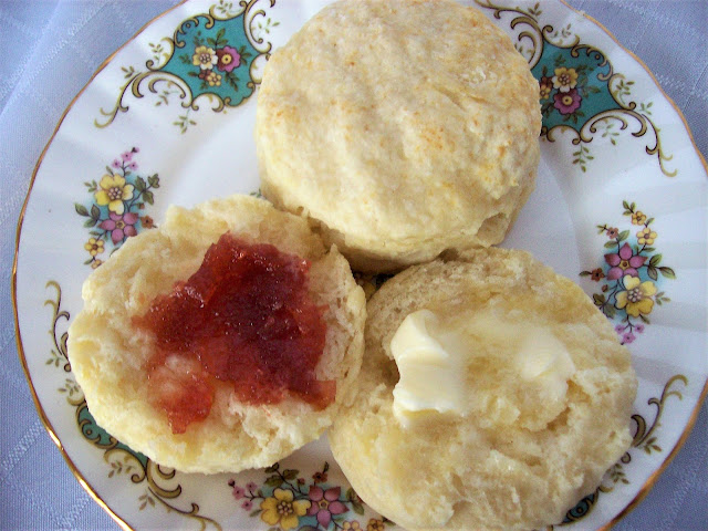 Baking Powder Biscuits hot from the oven with butter and jam.