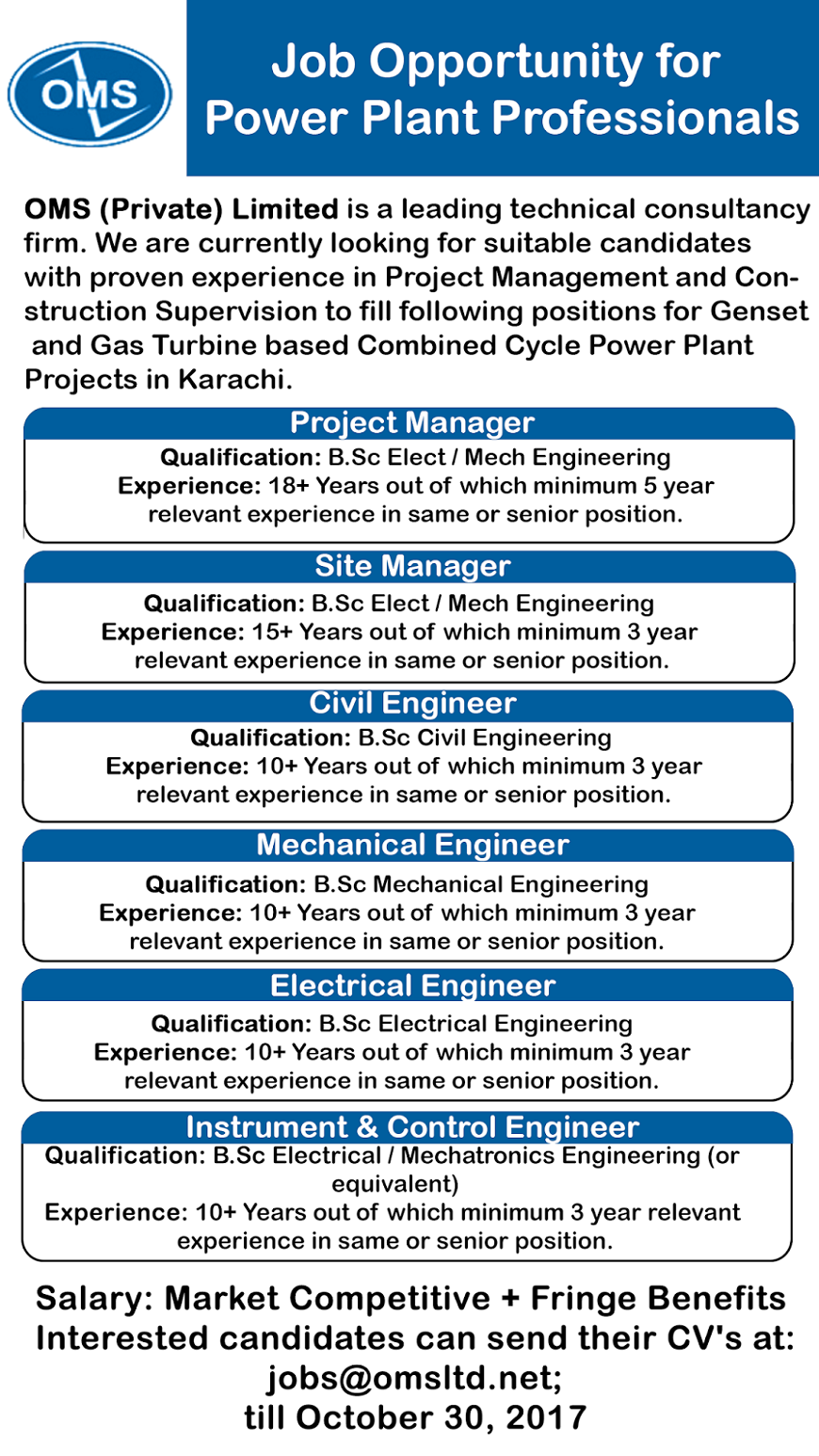 OMS Jobs For Power Plant Professionals Jobs in Pakistan