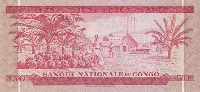 Congo 50 Makuta banknote 1967 Palm oil fruits, plantation, factory