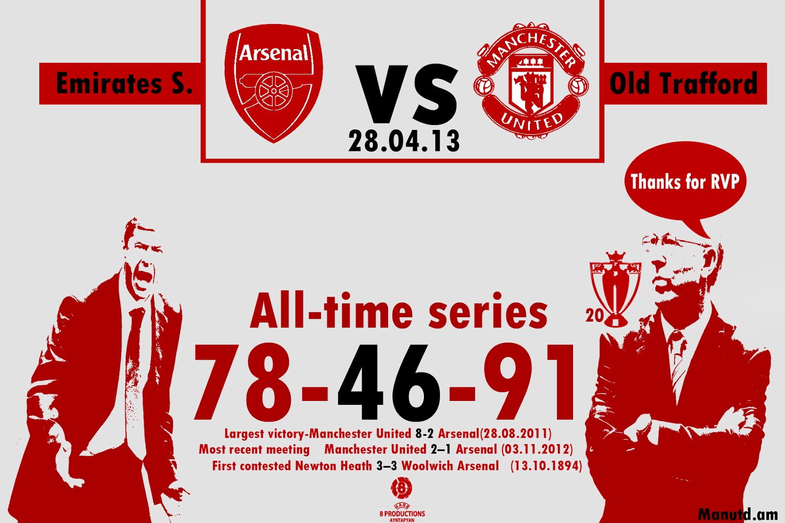8 Productions Arsenal vs Manchester United history football infographic