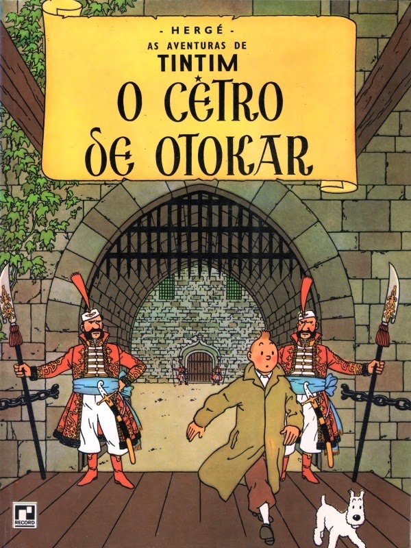 Reprodução de capa do álbum "O Cetro de Otokar", com o personagem Tintim, criado por Hergé, a partir da versão brasileira da Editora Record, publicada na década de 1980.