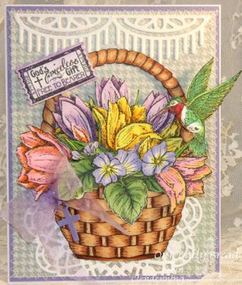 Our Daily Bread Designs, Admit Three, Earth's Gladdest Day, Basket of Blessings, Hummingbird, Tulip Corner, Violet single, Hummingbird dies, Beautiful Borders dies, Mini Tags dies, designed by Robin Clendenning