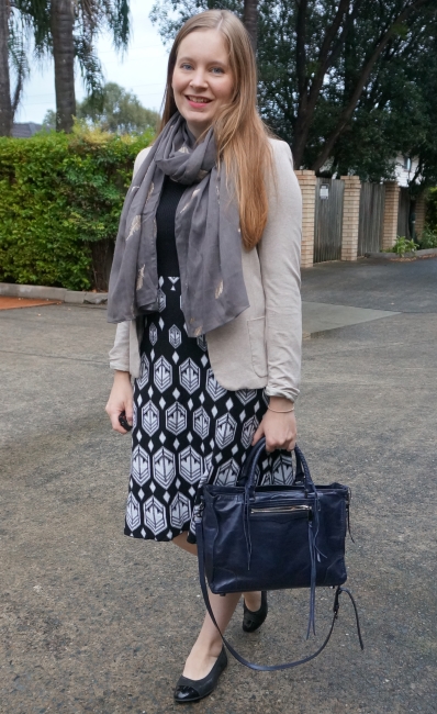 black and white knit dress, rgey feather scarf, blazer and Regan bag, autumn office style | away from blue