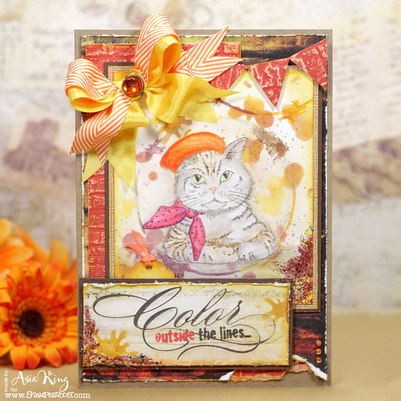Bonjour Kitty stampendous splatter background fall vintage card by Asia King