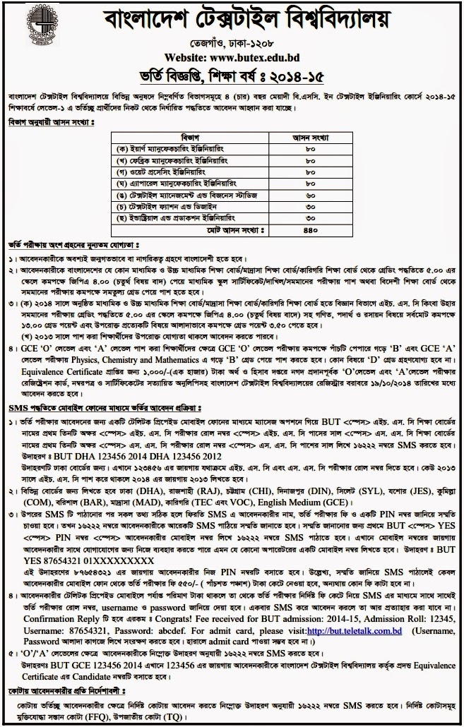 BUTEX Admission Result 201415 All Units Dhaka Result