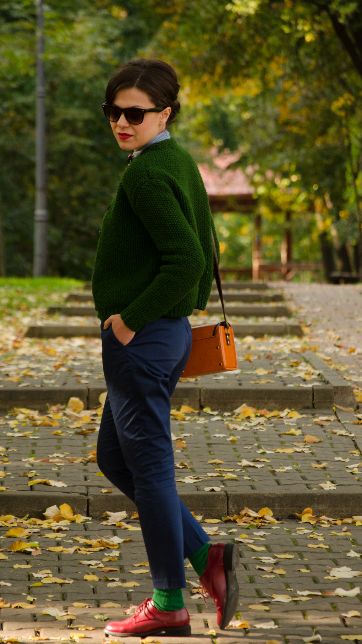 navy blue pants knitted green sweater shirt mustard square bag cherries h&m thrifted  burgundy man shoes oxford 