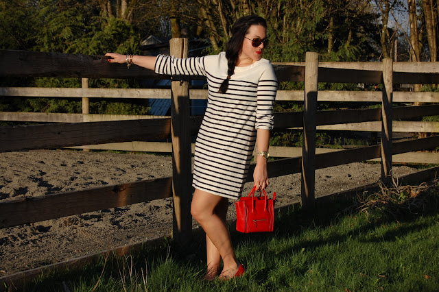 Gap striped dress, Tory Burch ballet flats and a Celine Nano Luggage tote