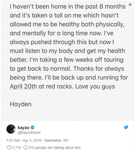 瘋狗DJ Kayzo於推特推文說明因為身體問題必須休息