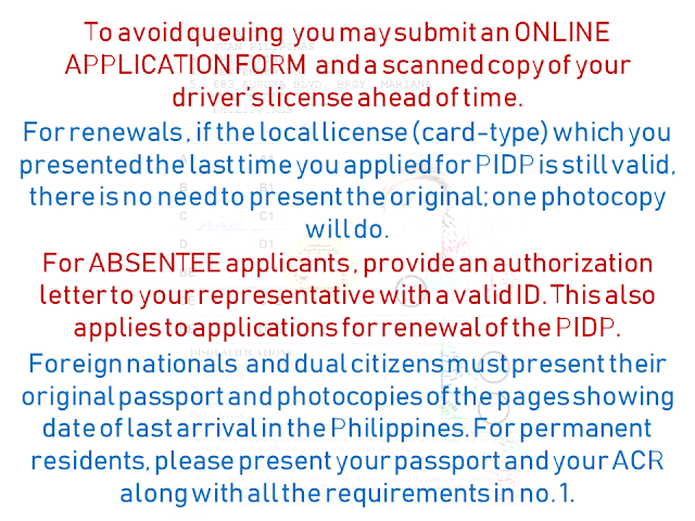An international driving permit is a must to Overseas Filipino Workers (OFWs) who works as a driver or those who frequently travel to different countries. The only way to acquire it in the Philippines is through the Automobile Association of the Philippines (AAP). You should apply for a membership and they will help you obtain your international driving permit.  Forunately, the membership fee is absolutely free for  OFWs. All you need to do is to present any valid proof of you being an OFW. (e.g. Seaman’s Passport, Employment Contract abroad with valid POEA ID, etc…)    International Driving Permit Application Requirements     —Original and photocopy of Philippine Driver’s License valid for at least one (1) year.    —Two (2) pieces latest 2×2 colored ID photo with white background.     —Foreign nationals, dual citizens and Filipino citizens born in other countries present the original passport plus photocopies of pages showing identification and date of last arrival. If you are a permanent resident, present your passport and/or Alien Certificate of Registration (ACR).    —Registration along with requirements no. 1 and 2.   Sponsored Links  Step by step procedure on how to get the international driving permit:      Step 1.  — Go to any AAP office and fill -up the application form. Do not leave any blank sections. If the information is not applicable for you, put  "NA".  The application form can be downloaded from their website.  To download the application form , click here:          Step 2  — Submit the original and photocopy of your valid Philippine drivers license together with two pieces 2x2 colored ID photo taken on a white background.        Step 3.  — Pay the corresponding membership and PIDP processing fee of P1,800 broken down as follows:    PHP 300 – AAP Joining Fee (Free for OFWs) PHP 1,200 – AAP Annual Registration PHP 300 – PIDP Processing Fee  VALIDITY: The validity of your international driving permit is one year from the date of issue or depending on the validity of your Philippine driver's license. If your Philippine driver’s license is valid for more than one year, the PIDP will be valid for one year from the date of issue. If your Philippine driver’s license is valid for less than one year, the PIDP will follow the validity of your Philippine driver’s license.  If your PIDP expired while you were still abroad, you can renew your PIDP online by visiting the AAP Website as long as the card type Philippine license that was presented before has not expired yet.  If a temporary license was presented, the photocopy of the temporary license together with the original LTO Certification and Official Receipt should also be presented. For more information, go to www.aaphilippines.org/    Read More:  Popular Pinoy Stores In Canada   10 Reasons Why Filipinos Love Canada    Comparison Of Savings  Account In The Philippines:  Initial Deposit, Maintaining  Balance And Interest Rates  Per Annum   Mortgage Loan: What You Need To Know    Passport on Wheels (POW) of DFA Starts With 4 Buses To Process 2000 Applicants Daily    Did You Apply for OFW ID and Did You Receive This Email?    Jobs Abroad Bound For Korea For As Much As P60k Salary    Command Center For OFWs To Be Established Soon   ©2018 THOUGHTSKOTO  www.jbsolis.com   SEARCH JBSOLIS, TYPE KEYWORDS and TITLE OF ARTICLE at the box below