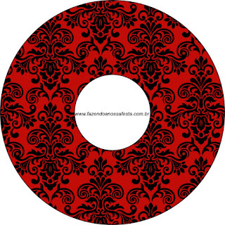 Etiqueta CD´s  para Imprimir Gratis de Damasco Negro en Fondo Rojo.