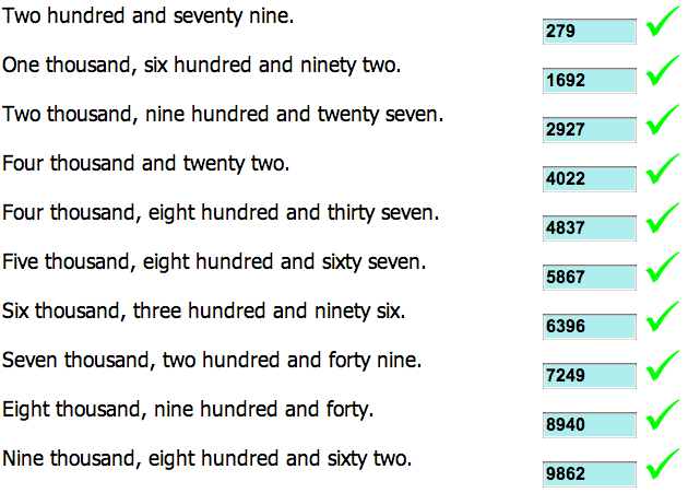 Two thousand and five hundred. One hundred ninety six. One thousand nine hundred and eighty-seven. Two thousand eight hundred and five. Four hundred and sixty-seven thousand nine hundred and ninety-five.