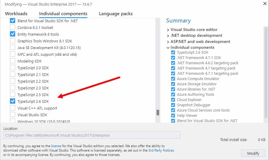 Installing TypeScript using the Visual Studio 2017 Installer