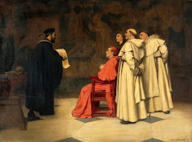 A painting shows Falloppio (left) explaining one of his  discoveries to the Cardinal Duke of Ferrara and other clergy