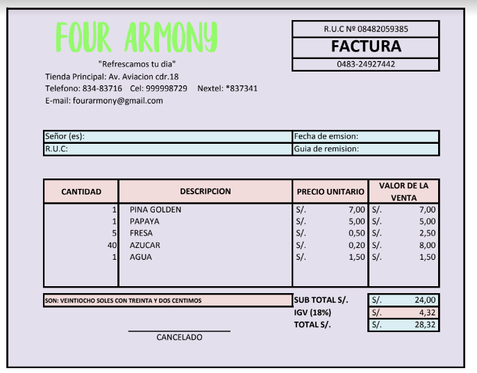 Factura Excel Four Armony