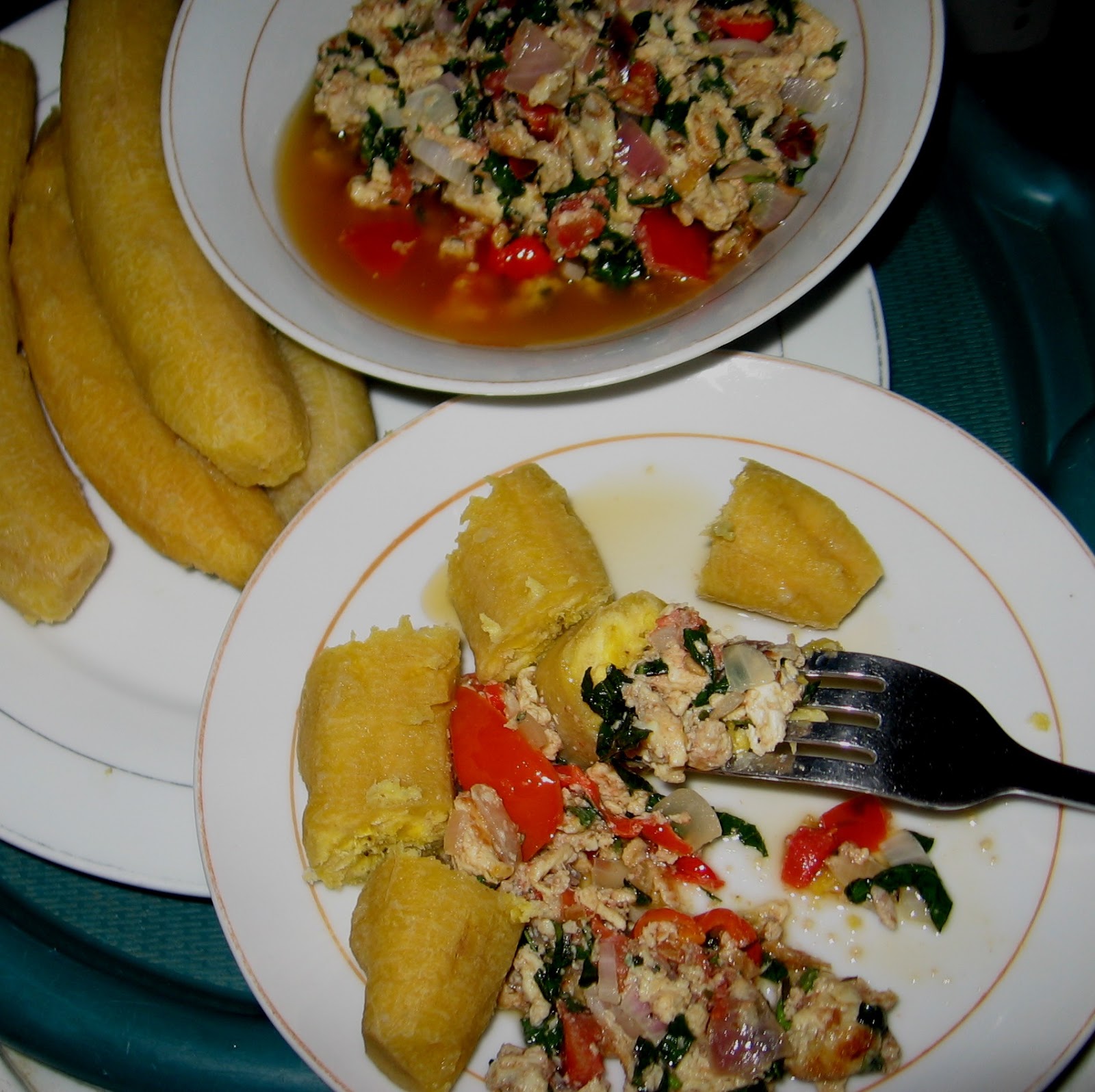 Boiled Plantain With Mint Leaves In Tomato Egg Sauce