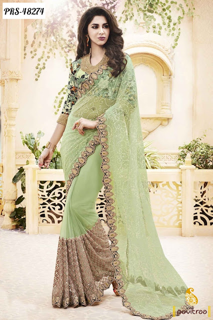 Fashionable wedding wear medium sea green net designer saree online shopping at low cost