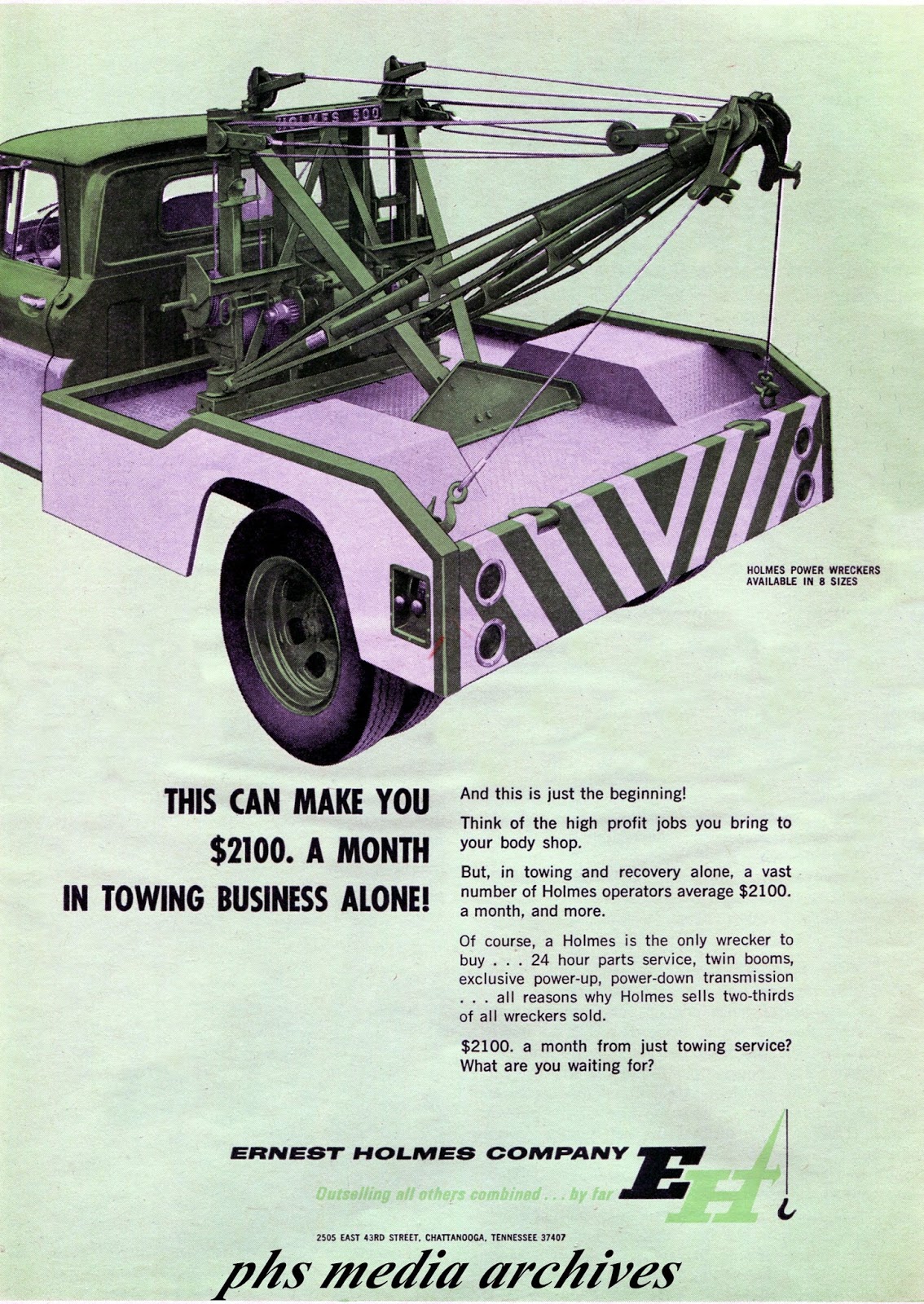 1966 ad promoting the Holmes line of Power Wreckers. Platforms of eight different sizes were available.