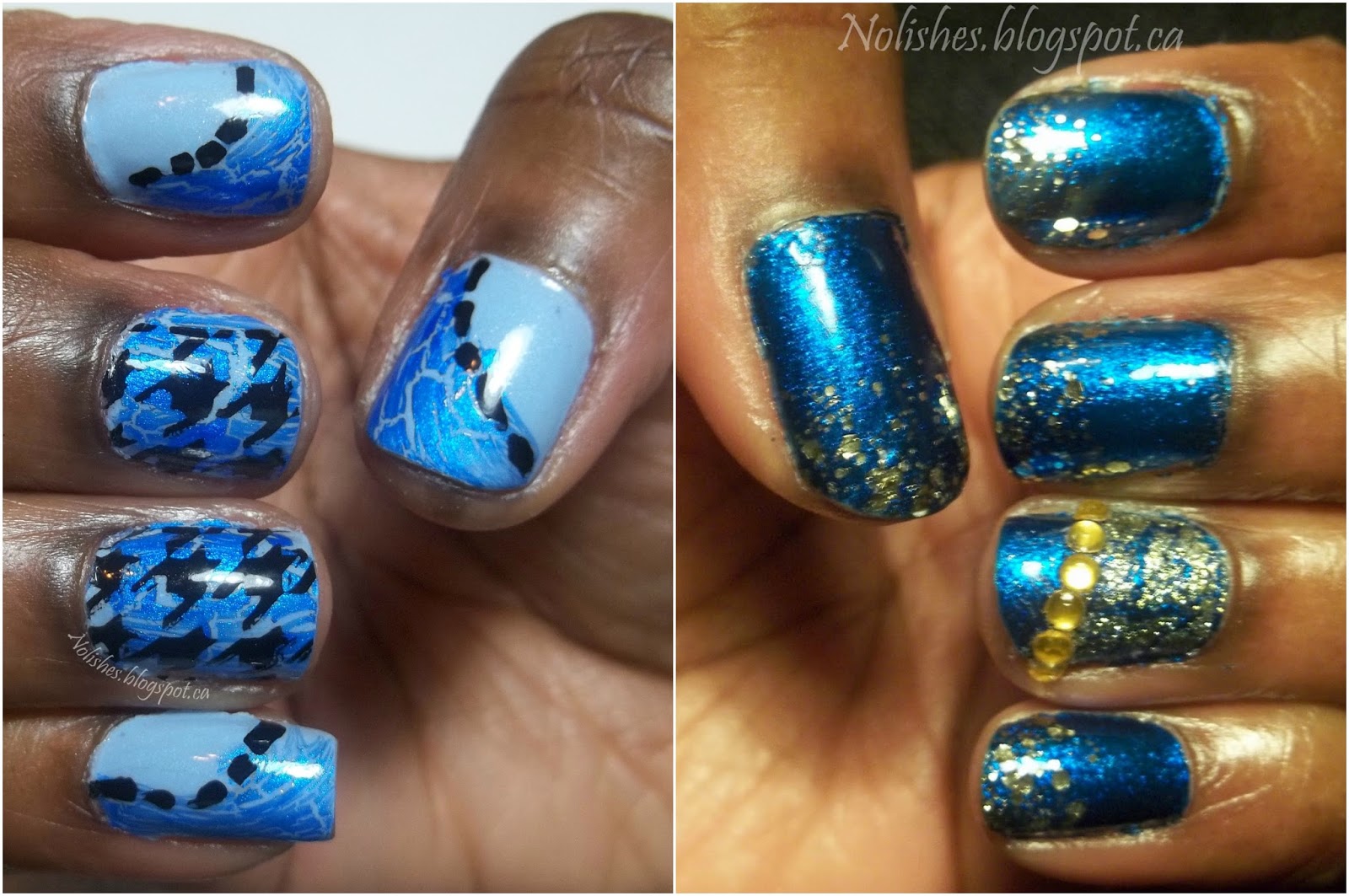 Blue Hounds-tooth Crackle Manicure, and the Blingy Turquoise and Gold Mani