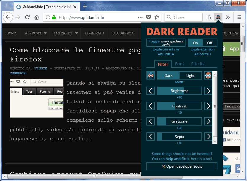 Dark Reader tema scuro su tutti i siti (Firefox e Chrome