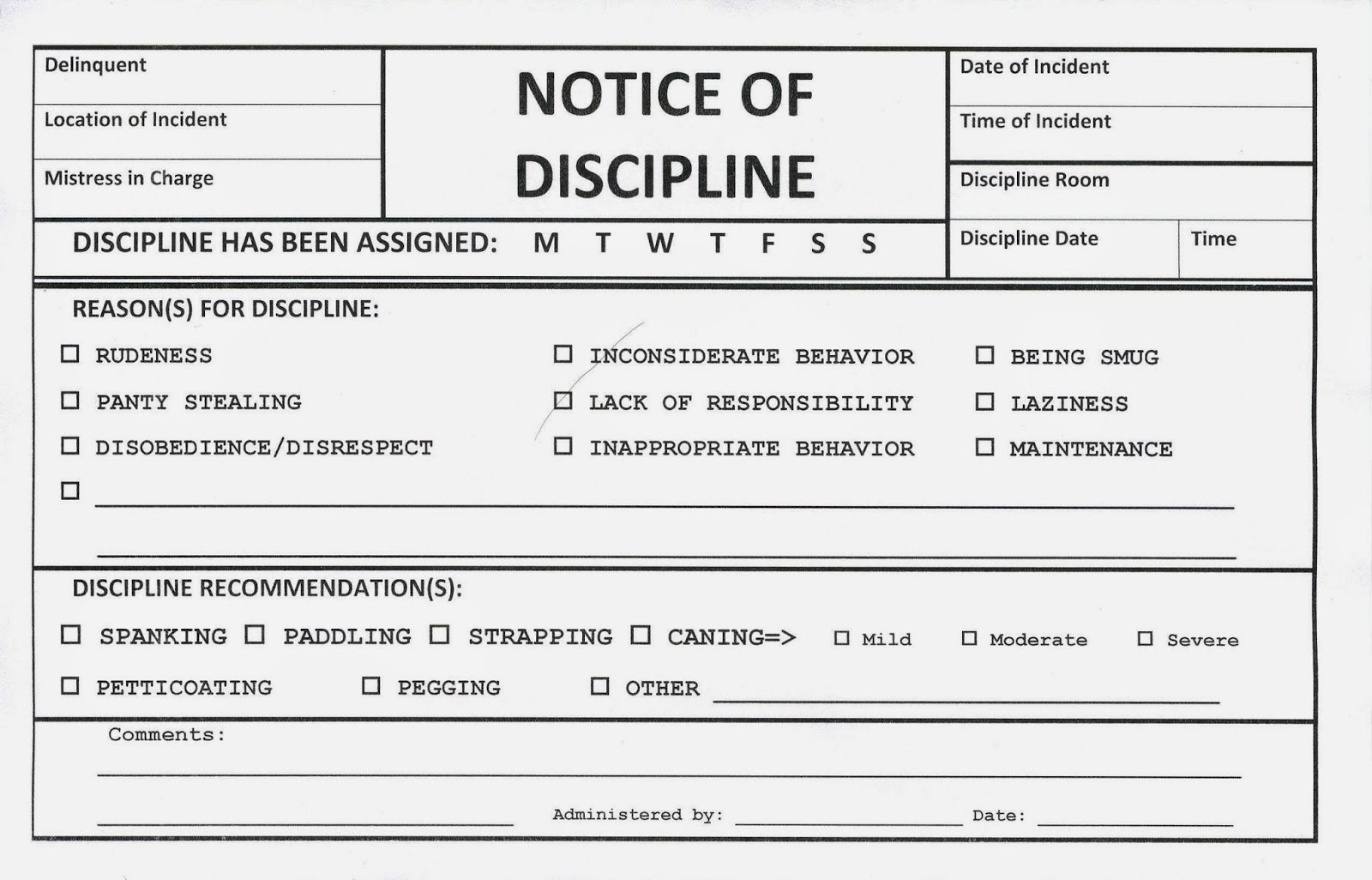 SpankedByMyLady Notice of Discipline Form and Lots of Contacts