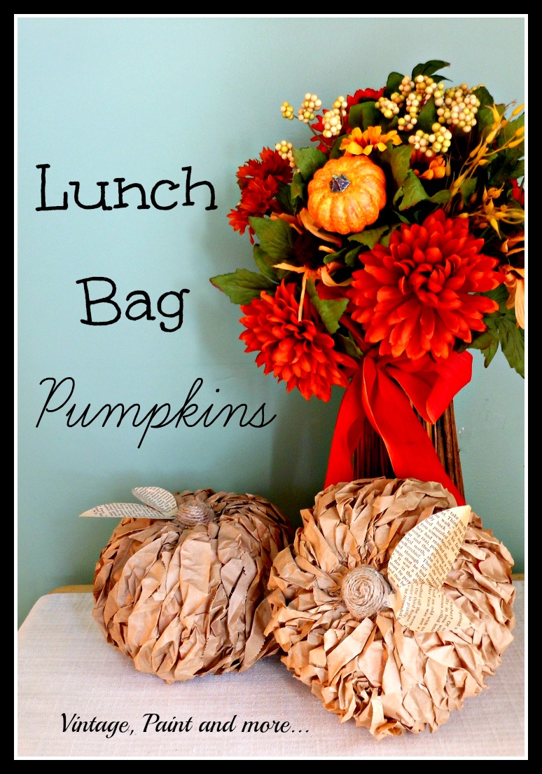 Vintage, Paint and more... Dollar Tree pumpkins recyled with brown paper bags, book pages and twine to make a rustic decor