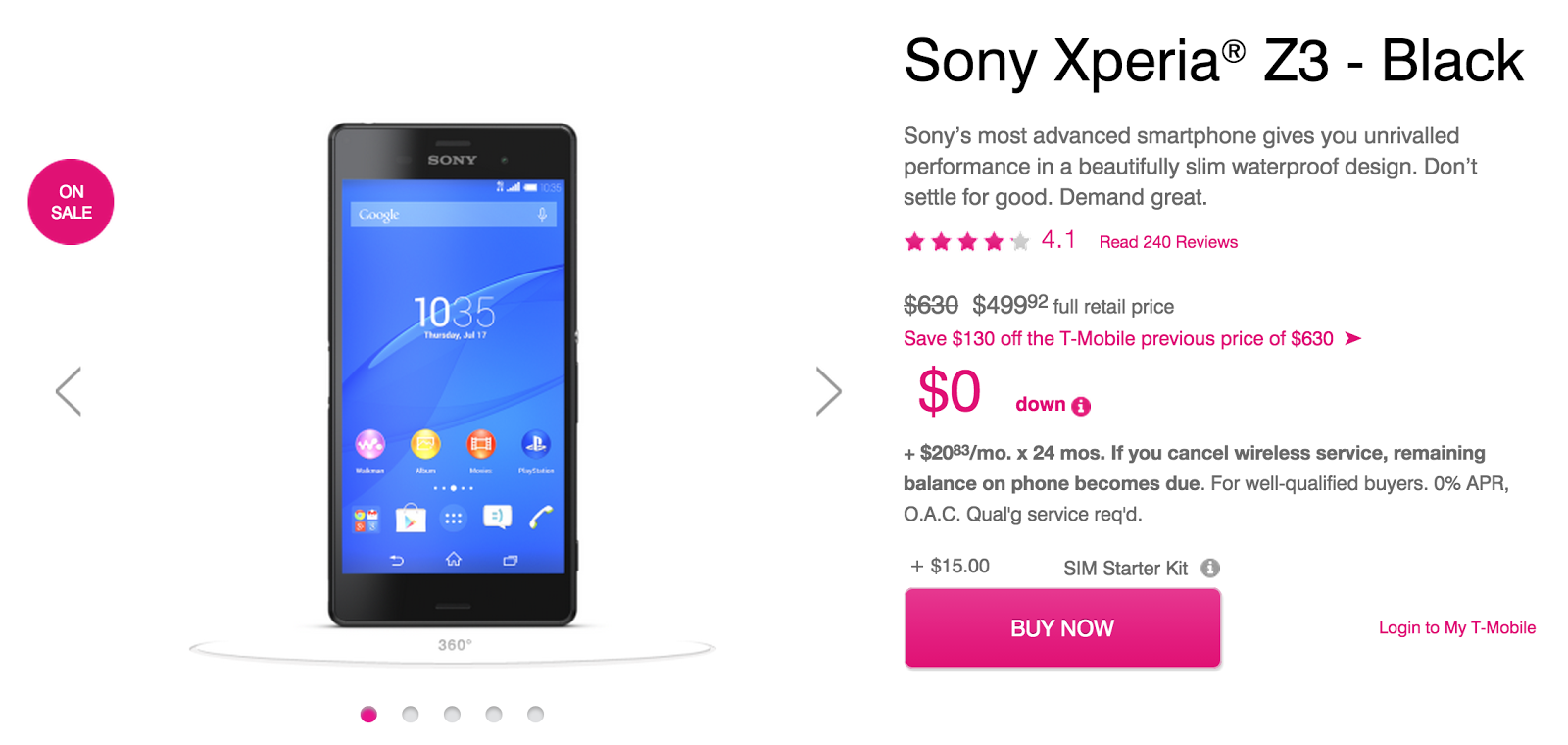 Sony Xperia Z3 Back into Sale buy from T Mobile