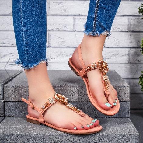 Sandale cu talpa joasa dama roz cu accesorii frumoase ieftine