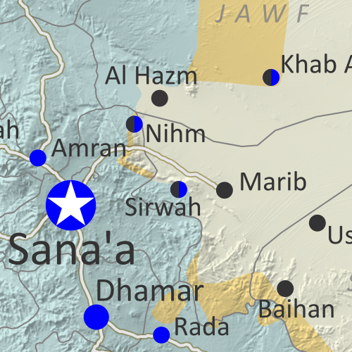 Map of what is happening in Yemen as of May 21, 2017, including territorial control for the unrecognized Houthi government and former president Saleh's forces, president-in-exile Hadi and his allies in the Saudi-led coalition and Southern Movement, Al Qaeda in the Arabian Peninsula (AQAP), and the so-called Islamic State (ISIS/ISIL). Includes recent locations of fighting, including Azzan, Habban, Maydee, Nihm, and more.