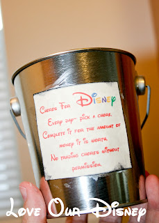 Make a chore bucket with extra chores for kids to earn money for Disney. LovOurDisney.com