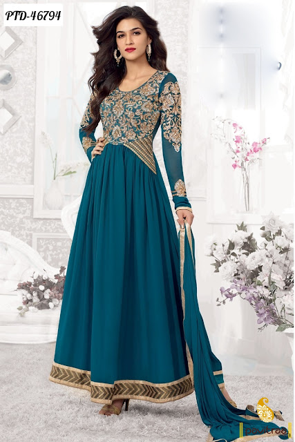 dark blue color bollywood actress Kriti Sanon georgette Indian designer wedding party wear long anarkali salwar suit 2016 online