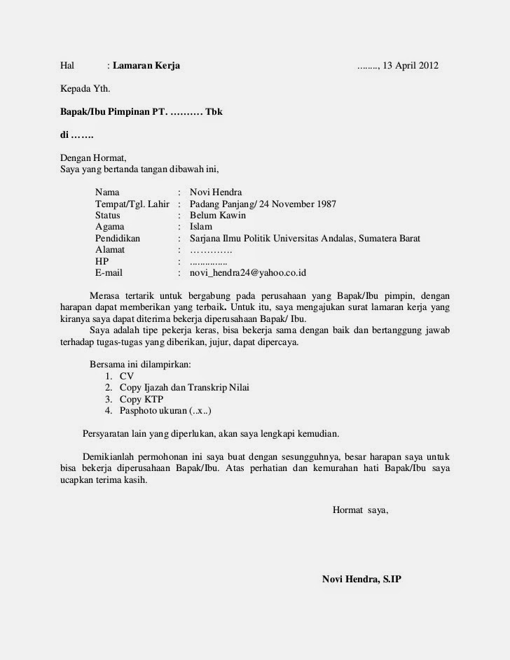 Contoh Surat Lamaran Kerja Tulis Tangan Dan Ketik Komputer