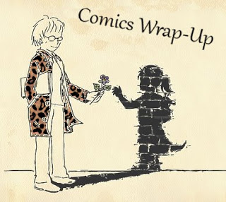Comics Wrap-Up title image with manga-style woman handing her living-shadow a flower