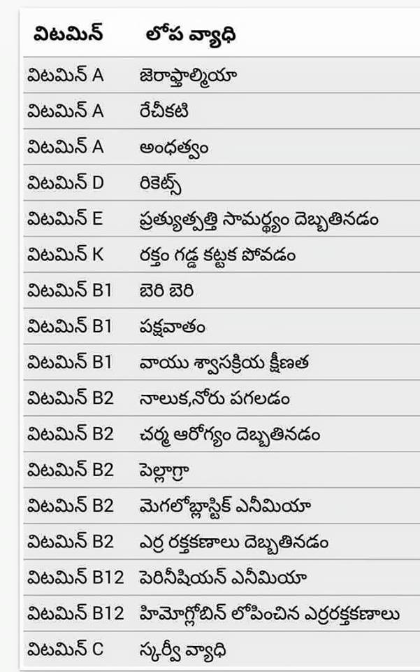 TELUGU WEB WORLD CHART SHOWING VITAMINS AND PROTEINS