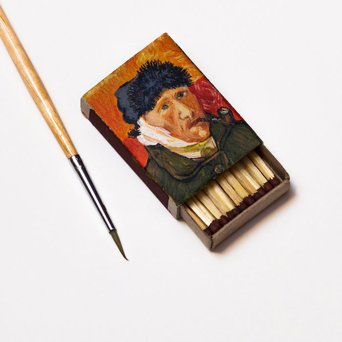 04-Self-portrait-with-bandaged-ear-and-pipe-Vincent-Van-Gogh-Salavat-Fidai-Салават-Фидаи-Miniature-Paintings-on-Matchboxes-and-Pumpkin-Seeds-www-designstack-co