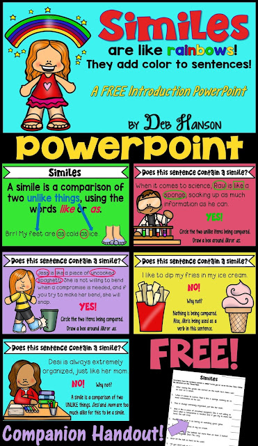 A FREE Simile PowerPoint- Teach your students about similes with this 13-slide PowerPoint by Deb Hanson!